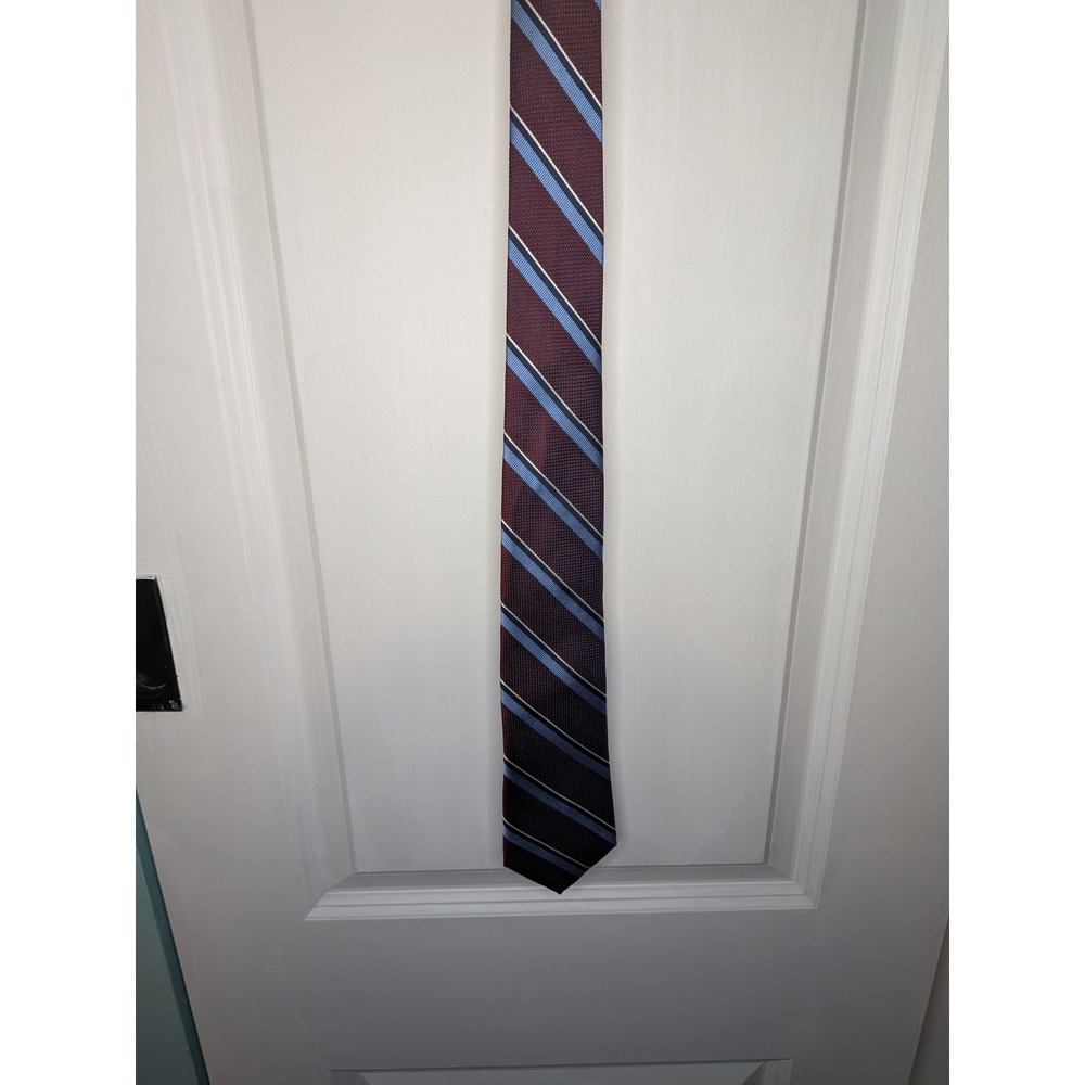 Tommy Hilfiger Mens Silk Tie Burgundy Blue Striped Woven Necktie